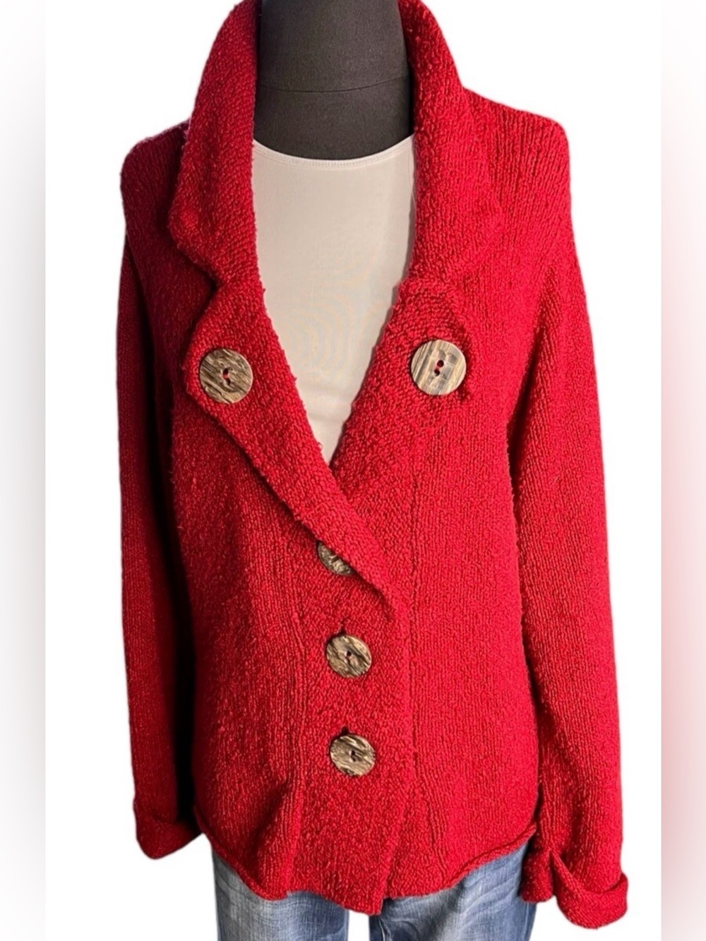 Willow Red Cotton Knit Cardigan Sweater Wood Buttons Cottagecore L Made USA E-4